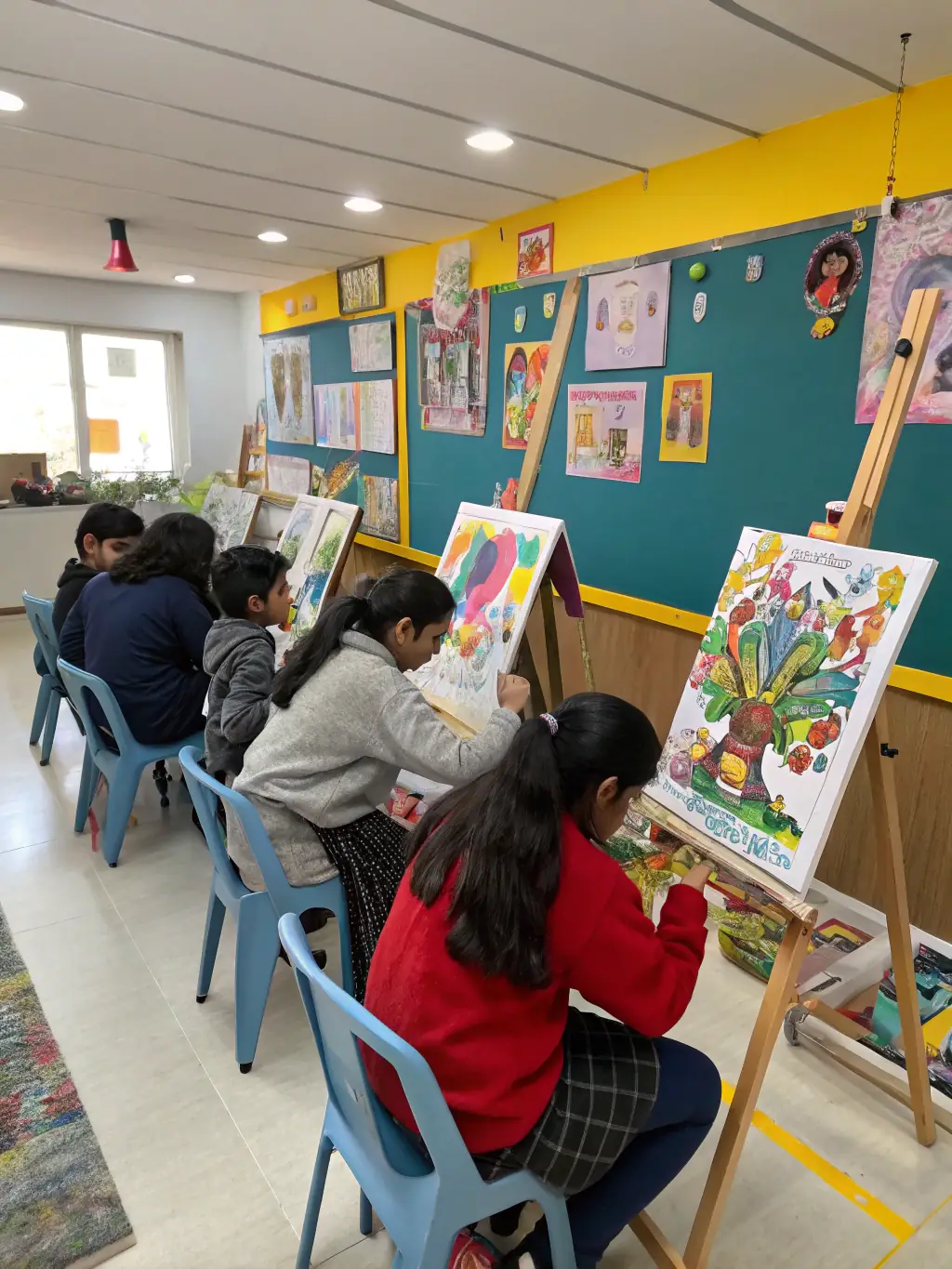 A group of teenagers enthusiastically participating in a painting workshop at MAISON DES JEUNES, with colorful artworks displayed around them.