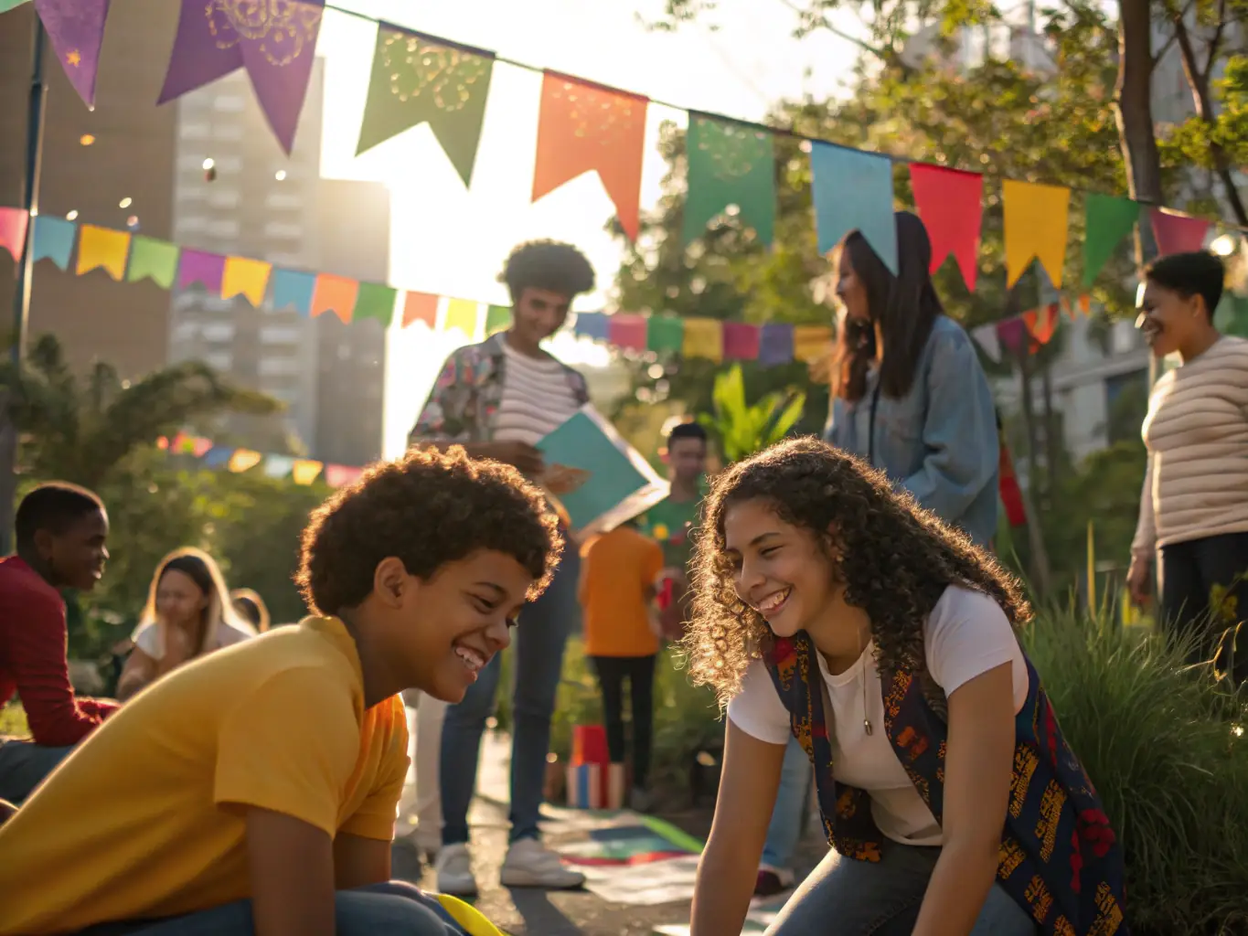 A vibrant image of young people actively participating in a community event organized by MAISON DES JEUNES, showing engagement and collaboration.