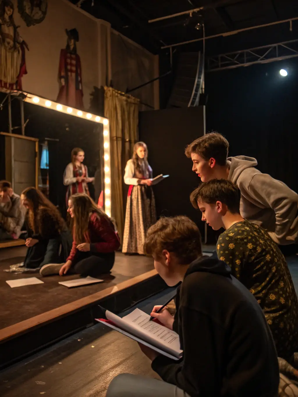 Teenagers working together on a drama project, rehearsing lines and blocking scenes on a stage at MAISON DES JEUNES.