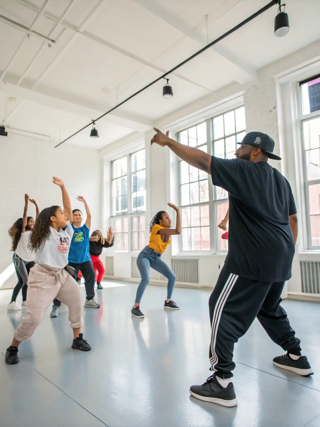 A dynamic scene of young people engaged in a hip-hop dance class at MAISON DES JEUNES, with an instructor leading the choreography.