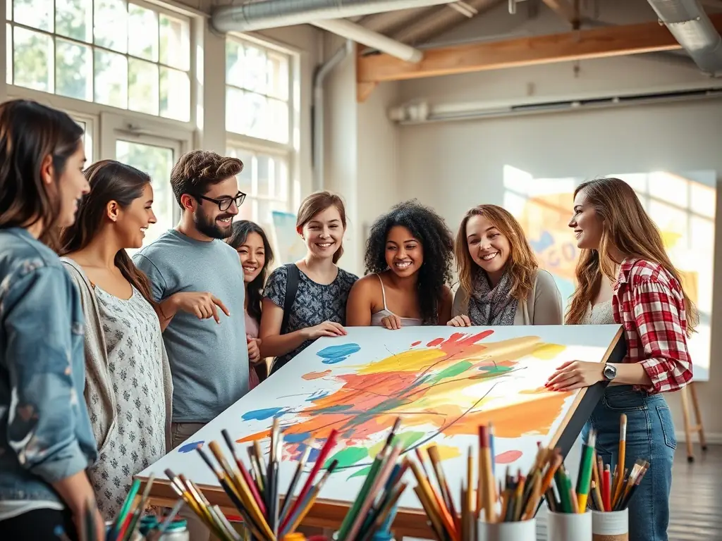 An image of young people participating in a lively art workshop, painting and collaborating on a large canvas, showcasing the creative workshops offered by MAISON DES JEUNES.