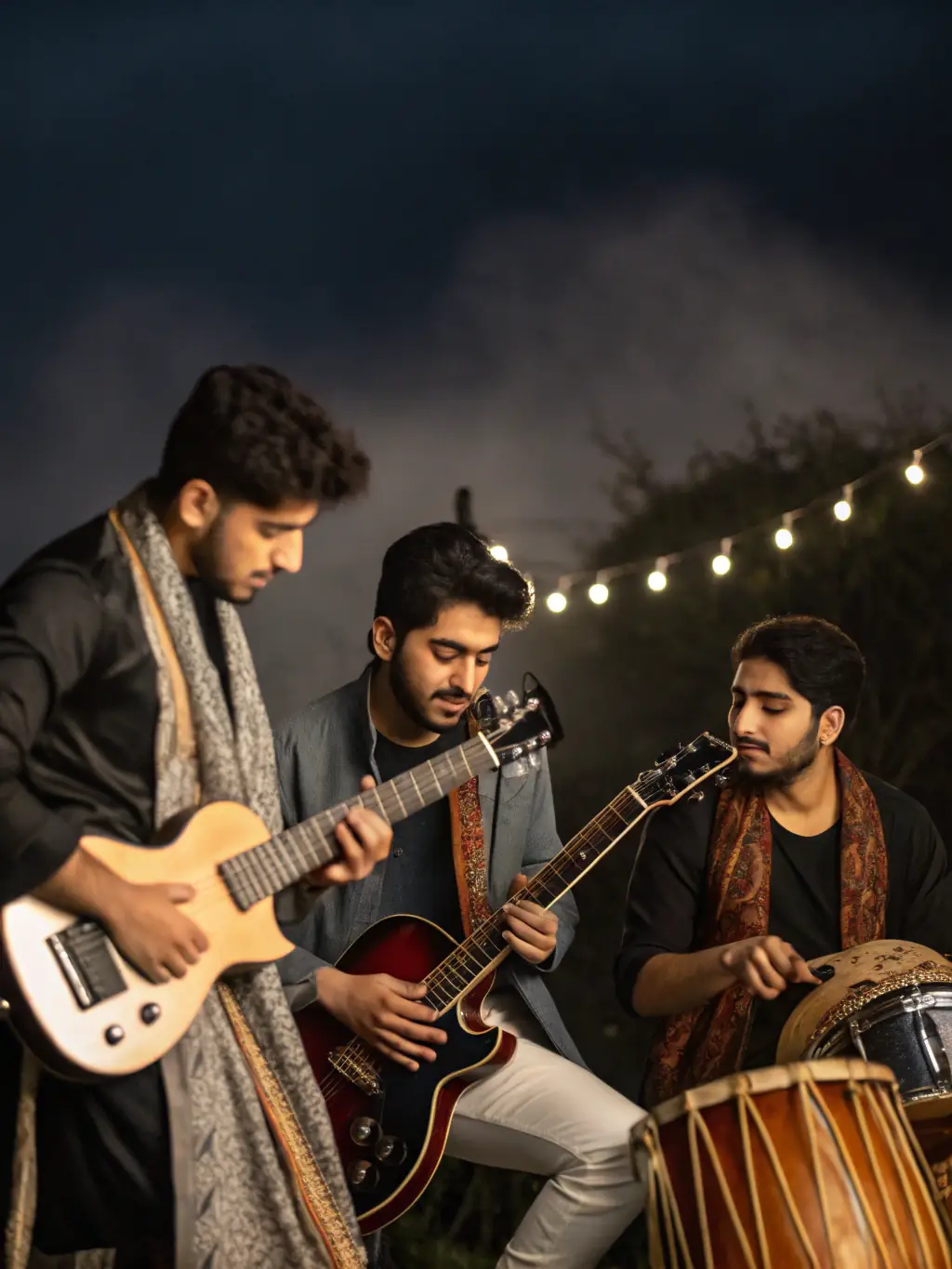 A group of young musicians jamming together in a music room at MAISON DES JEUNES, with various instruments visible.