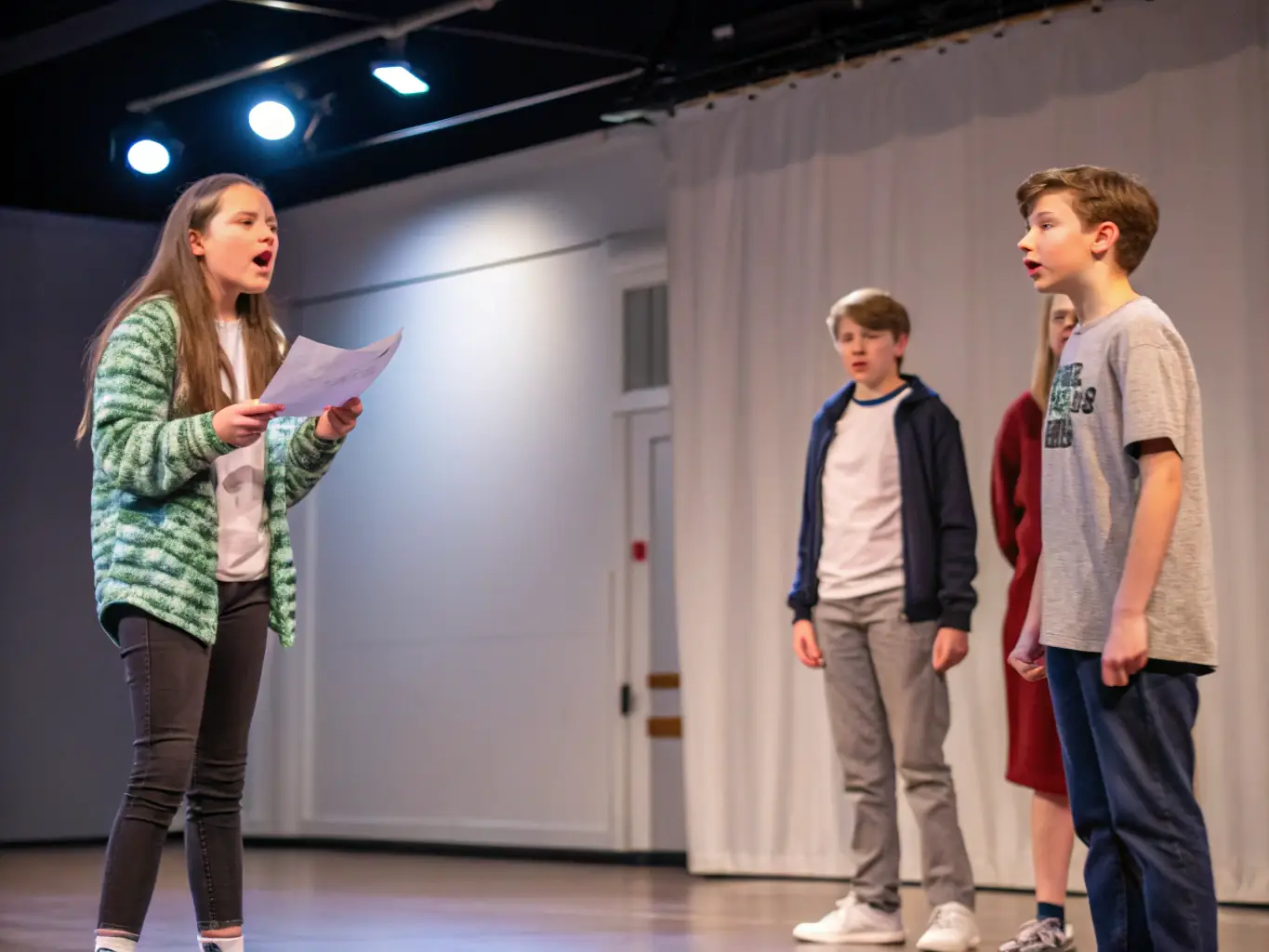 A photograph capturing a group of teenagers rehearsing for a theatrical performance on a well-lit stage, highlighting the performance activities at MAISON DES JEUNES.